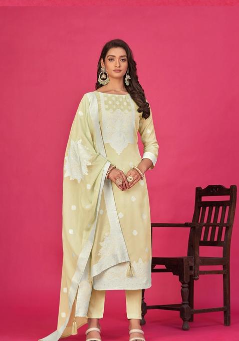 Beige Woven Poly Blend Kurta Set