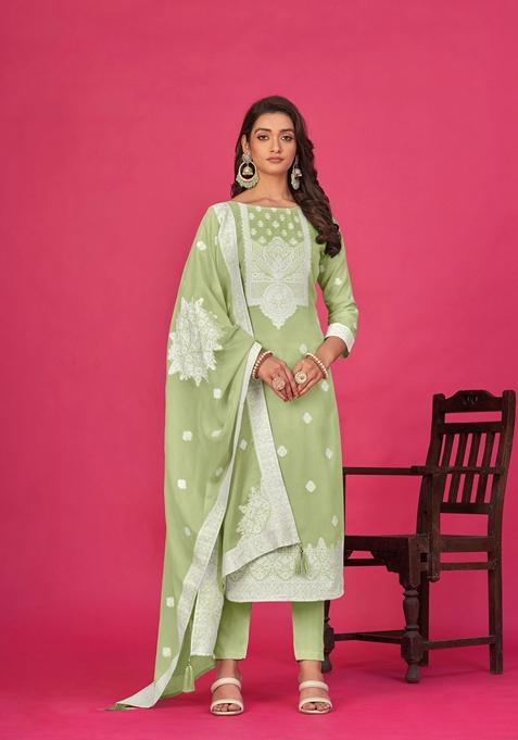 Pista Green Woven Poly Blend Kurta Set