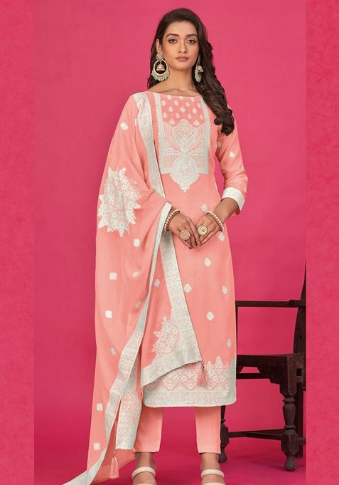 Peach Woven Poly Blend Kurta Set
