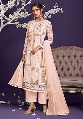 Peach Embroidered Georgette Kurta Set
