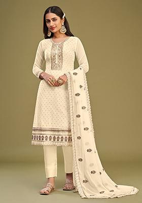 Off White Embroidered Georgette Kurta Set