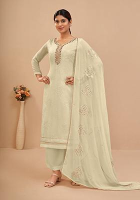 Light Yellow Embroidered Georgette Kurta Set