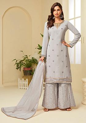 Grey Embroidered Georgette Kurta Set