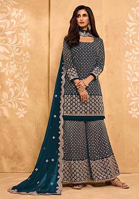 Aegean Blue Embroidered Georgette Kurta Set
