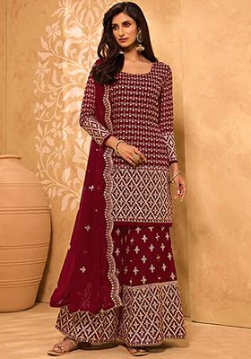 Maroon Embroidered Georgette Kurta Set