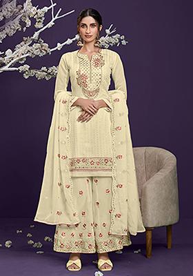 Light Yellow Embroidered Georgette Kurta Set