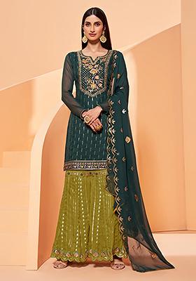 Dark Green Embroidered Pure Georgette Kurta Set