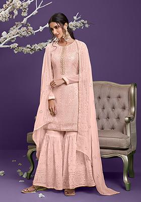 Peach Embroidered Georgette Kurta Set