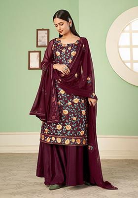 Wine Embroidered Georgette Kurta Set
