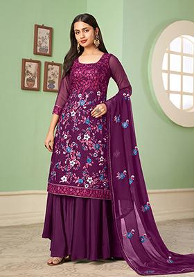 Purple Embroidered Georgette Kurta Set