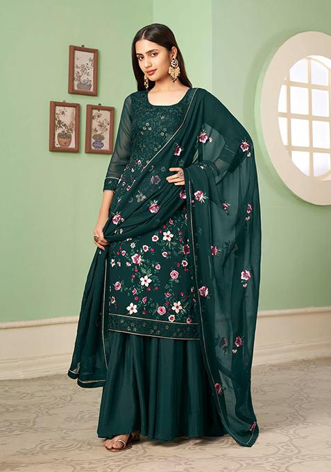 Dark Green Embroidered Georgette Kurta Set