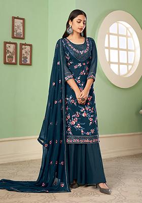 Aegean Blue Embroidered Georgette Kurta Set