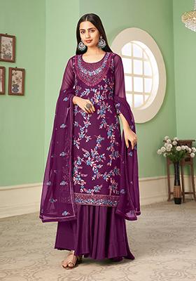 Purple Embroidered Georgette Kurta Set