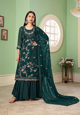 Dark Green Embroidered Georgette Kurta Set