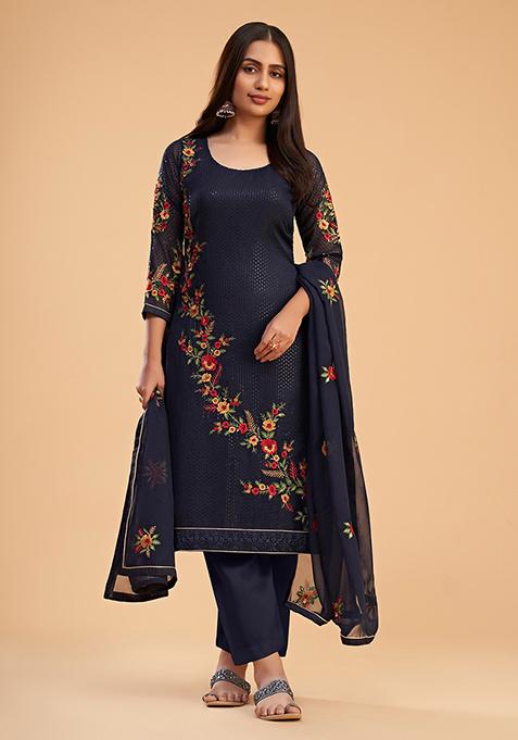 Blue Embroidered Georgette Kurta Set