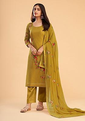 Yellow Embroidered Georgette Kurta Set