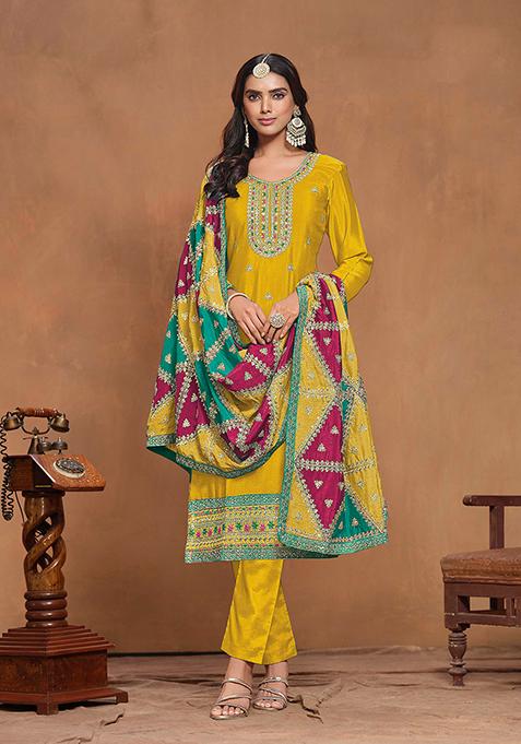 Mustard Thread Embroidered Chinon Kurta Set