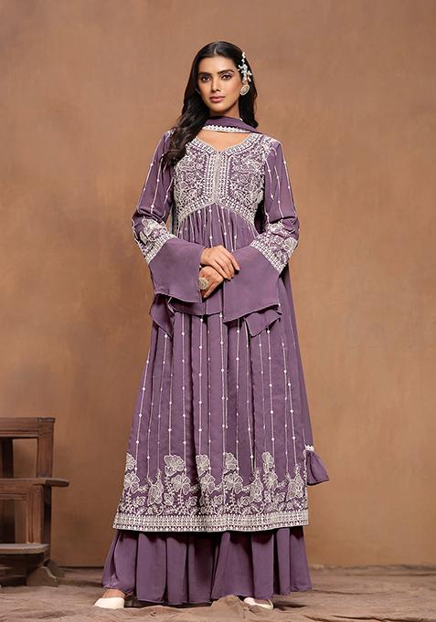 Purple Thread Embroidered Faux Georgette Kurta Set