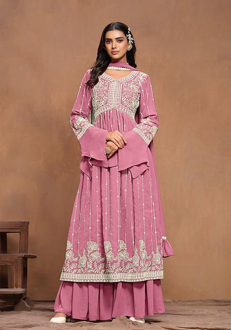 Pink Thread Embroidered Faux Georgette Kurta Set