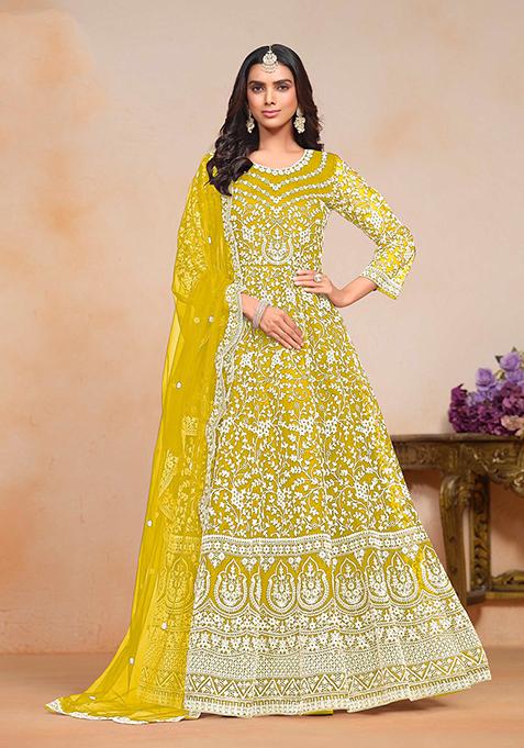 Mustard Dori Embroidered Net Kurta Set