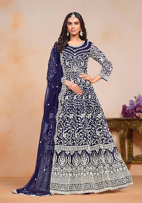 Navy Blue Dori Embroidered Net Kurta Set