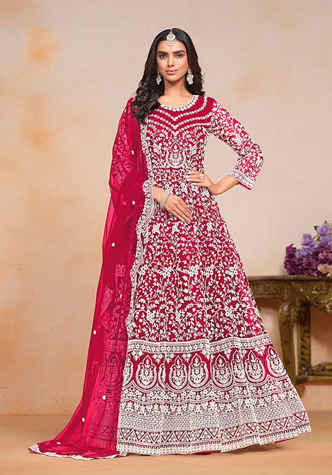 Rani Pink Dori Embroidered Net Kurta Set