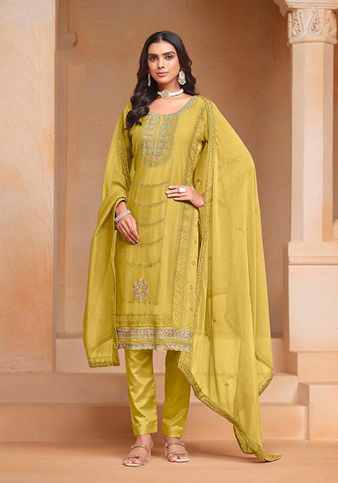 Mustard Thread Embroidered Organza Chiffon Kurta Set