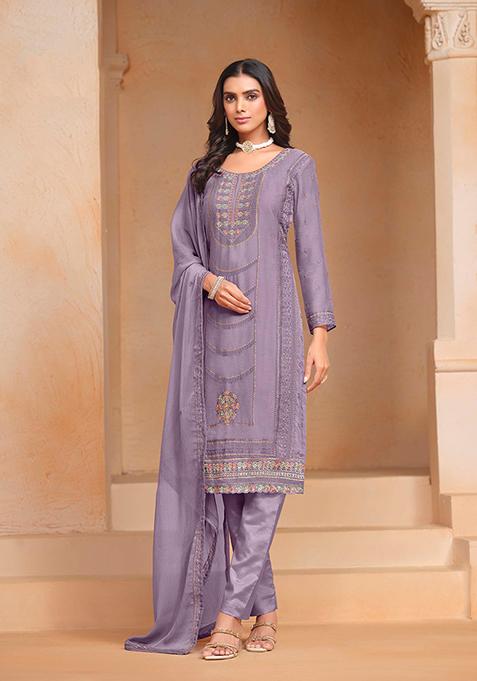 Purple Thread Embroidered Organza Chiffon Kurta Set