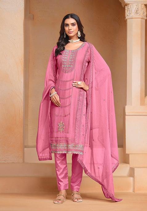 Pink Thread Embroidered Organza Chiffon Kurta Set