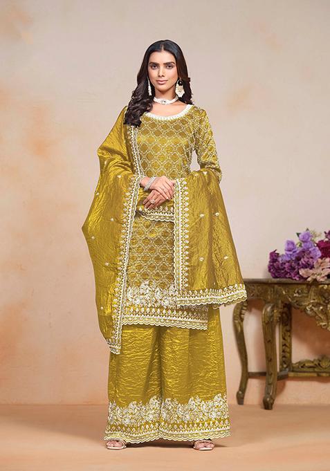 Mustard Thread Embroidered Gold Crush Kurta Set