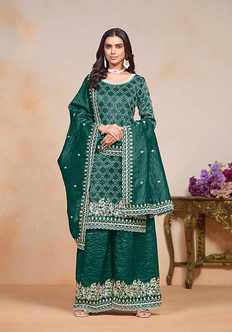 Teal Thread Embroidered Gold Crush Kurta Set