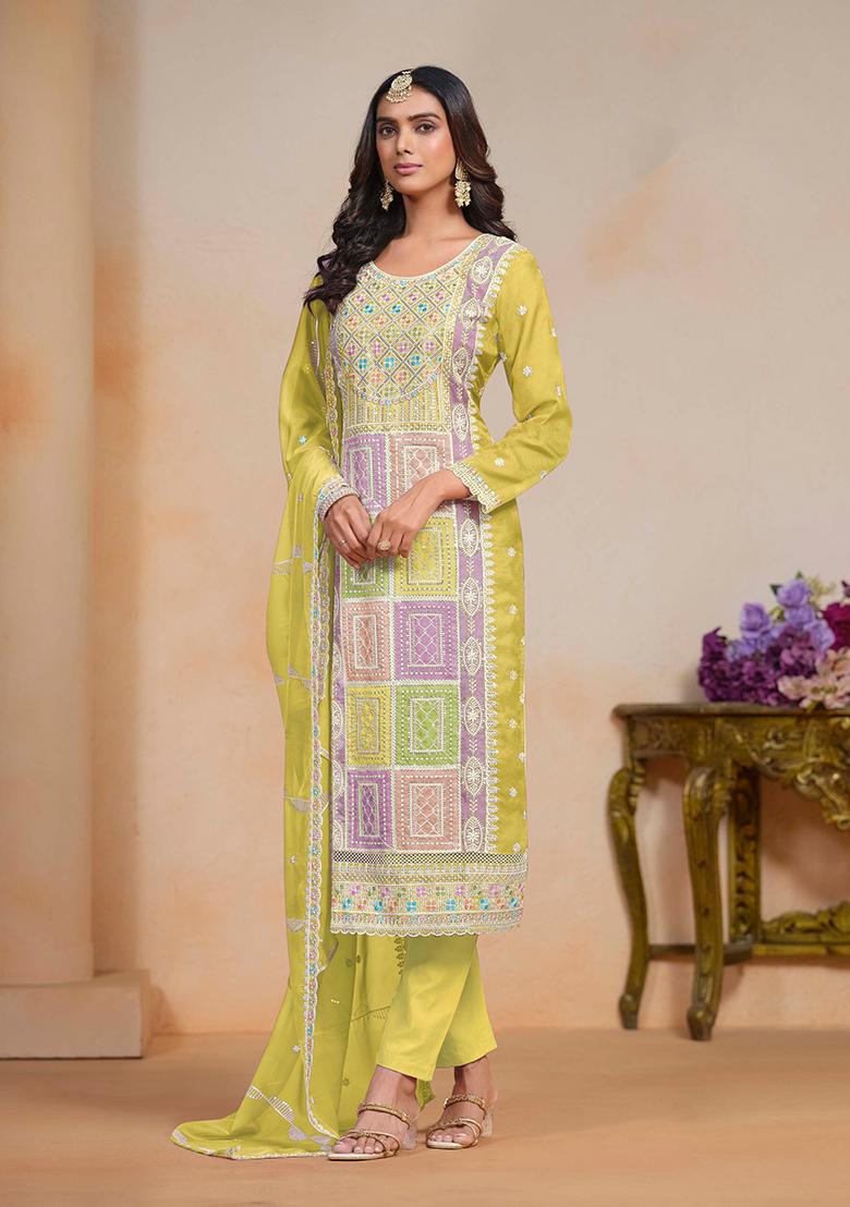 Lemon Yellow Thread Embroidered Soft Organza Kurta Set