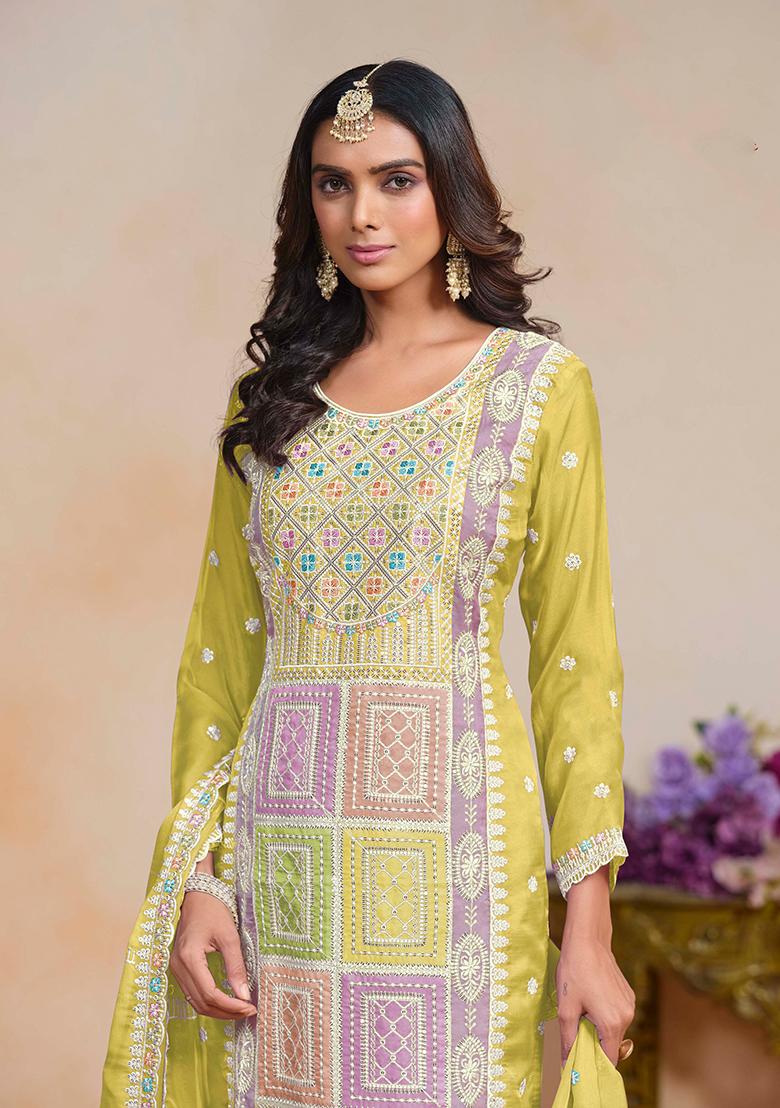 Lemon Yellow Thread Embroidered Soft Organza Kurta Set
