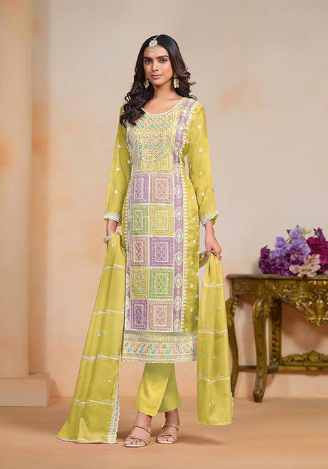 Lemon Yellow Thread Embroidered Soft Organza Kurta Set