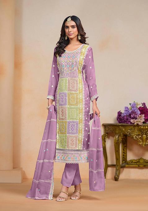 Lavender Thread Embroidered Soft Organza Kurta Set