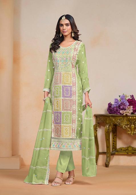 Light Green Thread Embroidered Soft Organza Kurta Set