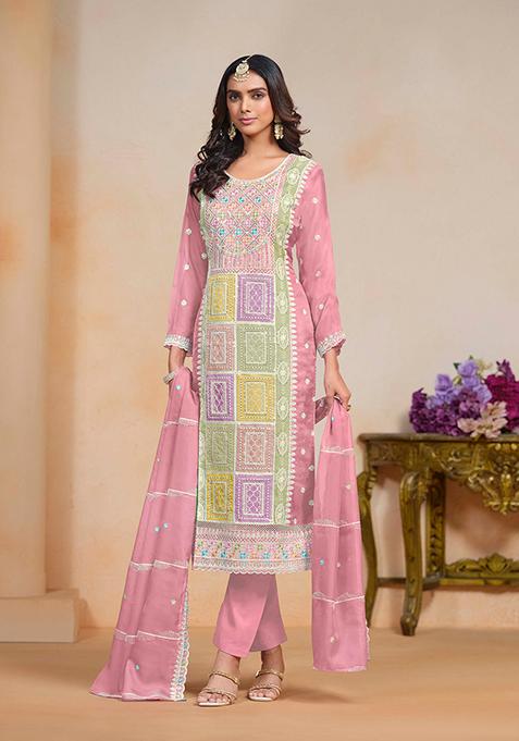 Pink Thread Embroidered Soft Organza Kurta Set