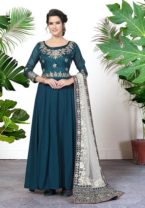 Turquoise Zari Embroidered Georgette Anarkali Set