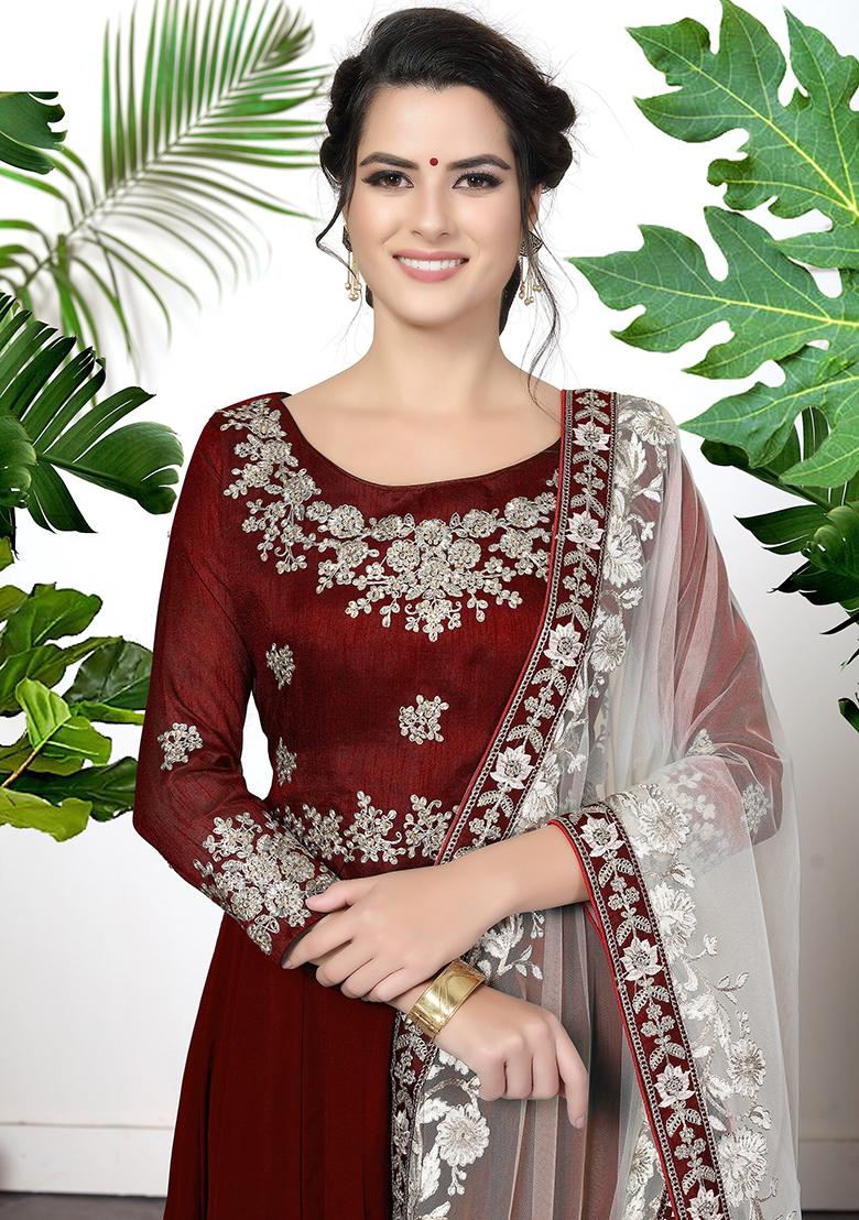 Maroon Zari Embroidered Georgette Anarkali Set - Indya