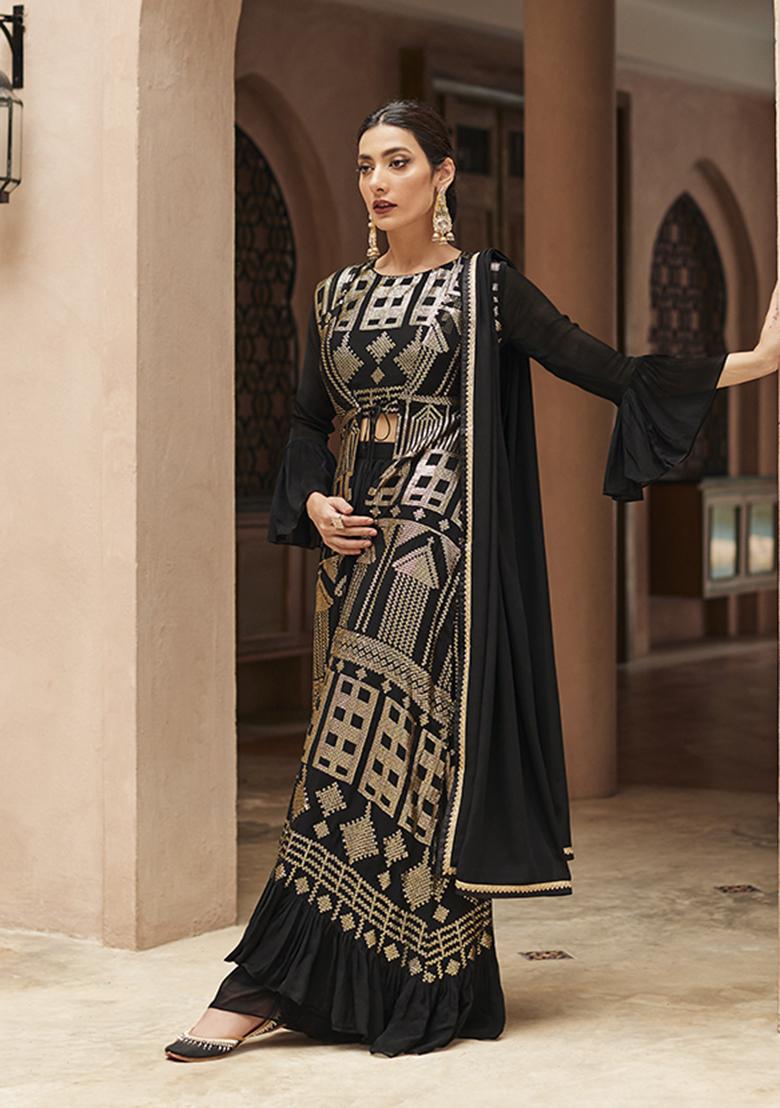 Black Sequin Embroidered Georgette Jacket Set