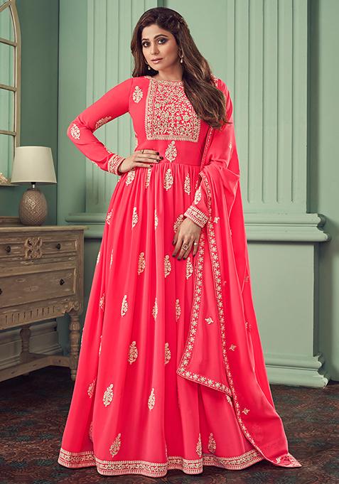 Pink Sequin Thread Embroidered Georgette Anarkali Set