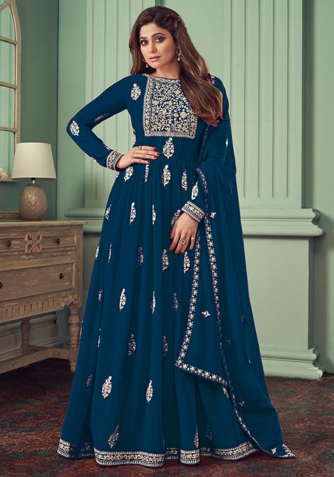 Turquoise Sequin Thread Embroidered Georgette Anarkali Set