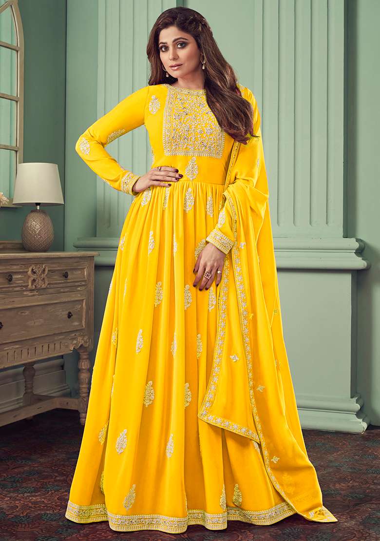 Yellow Embroidered Georgette Anarkali Set - Indya