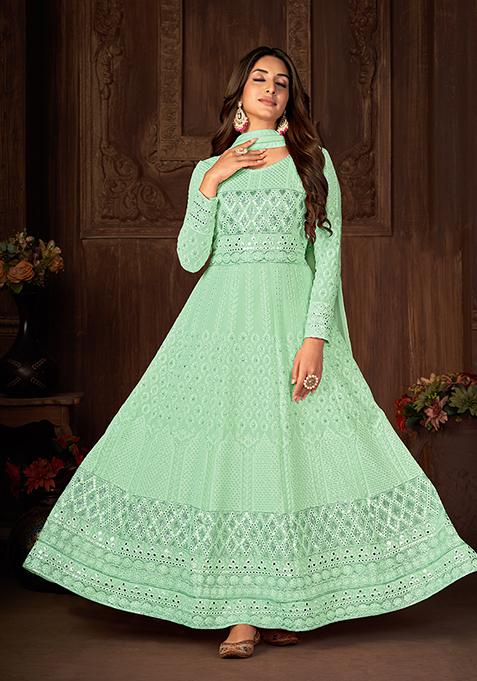 Green Sequin Thread Embroidered Georgette Anarkali Set