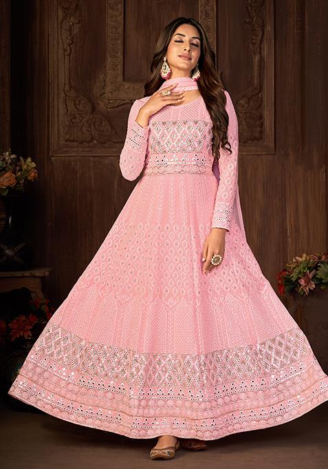 Pink Sequin Thread Embroidered Georgette Anarkali Set