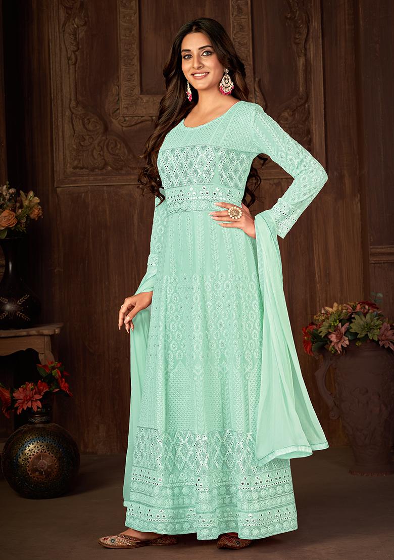 Turquoise Sequin Thread Embroidered Georgette Anarkali Set