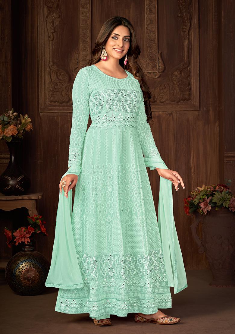 Turquoise Sequin Thread Embroidered Georgette Anarkali Set