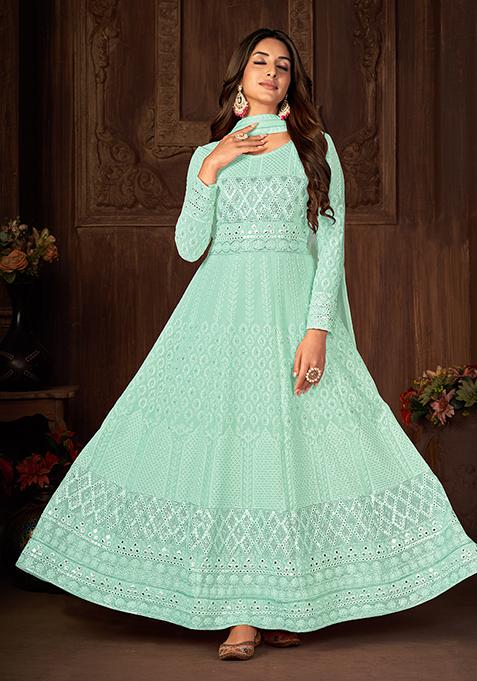 Turquoise Sequin Thread Embroidered Georgette Anarkali Set