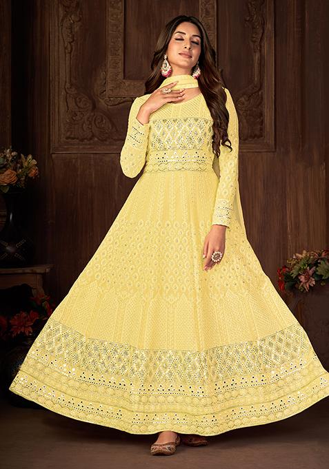 Yellow Sequin Thread Embroidered Georgette Anarkali Set