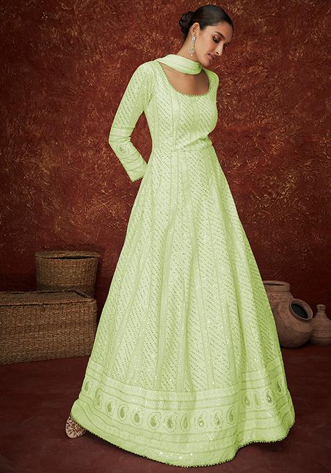 Green Sequin Thread Embroidered Georgette Anarkali Set